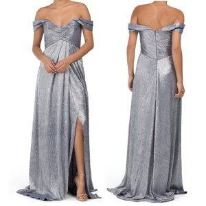 New! Rene Ruiz Off The Shoulder Drape Metallic Gown